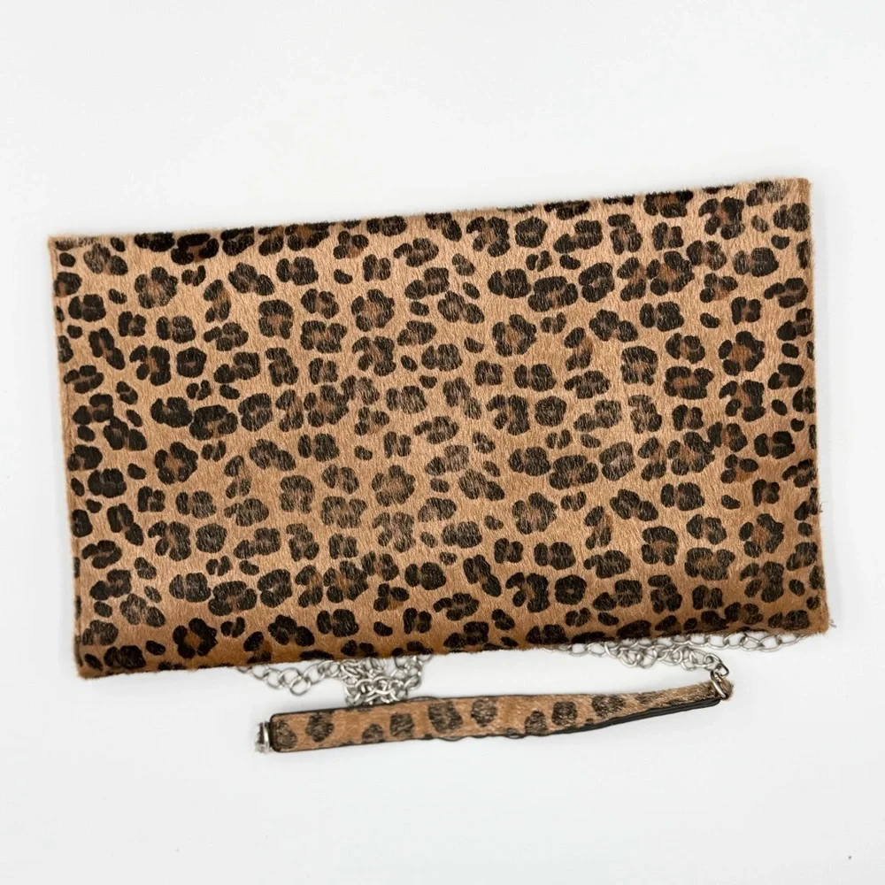 Leopard Print Envelope Clutch with Chain Strap - Brown